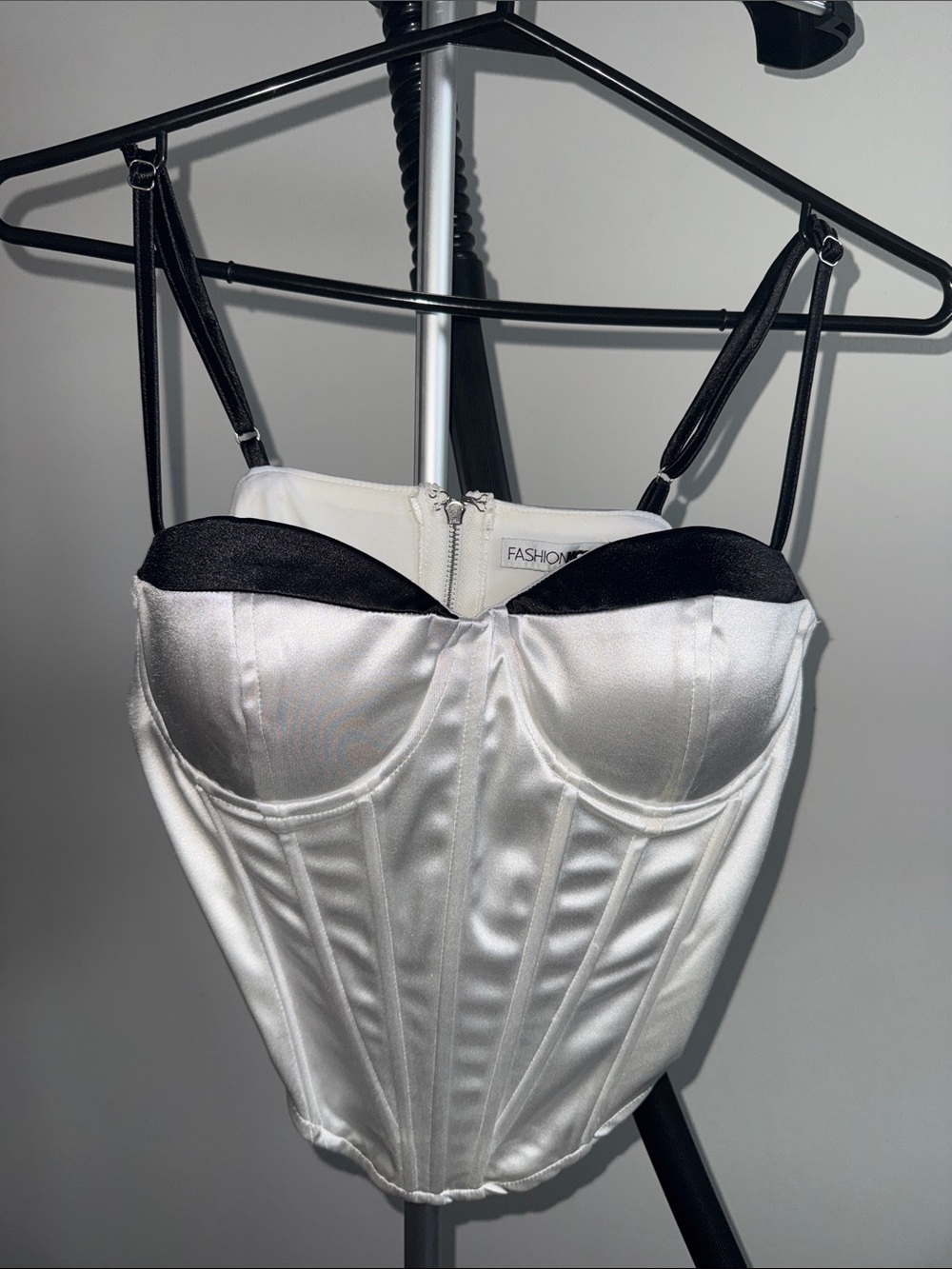 Fashion Nova White Satin Bustier with Black Accents